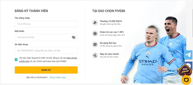 Tạo tài khoản thành viên để nhận thưởng tại Five88